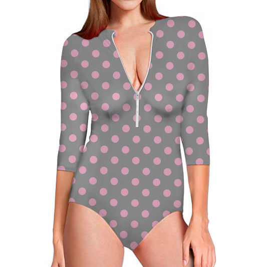 Grey And Pink Polka Dot Pattern Print Long Sleeve Swimsuit