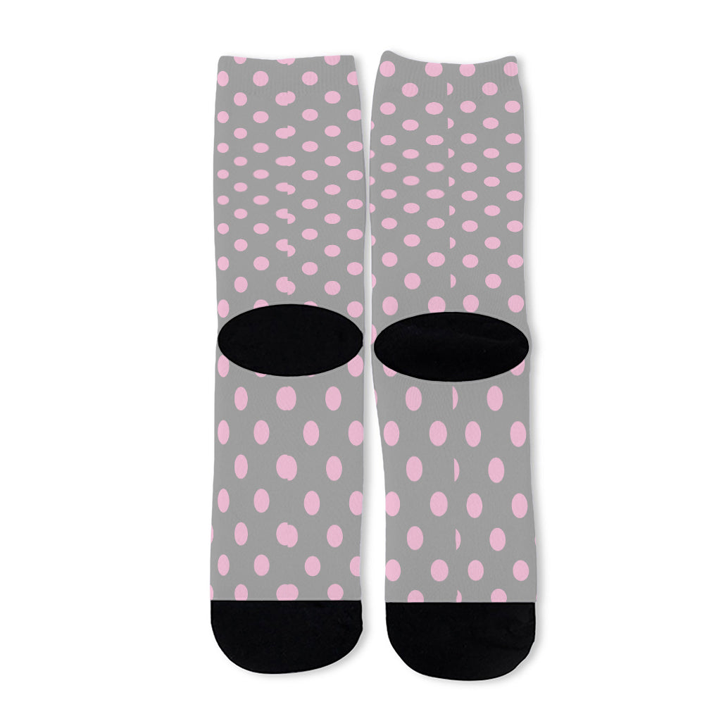 Grey And Pink Polka Dot Pattern Print Long Socks