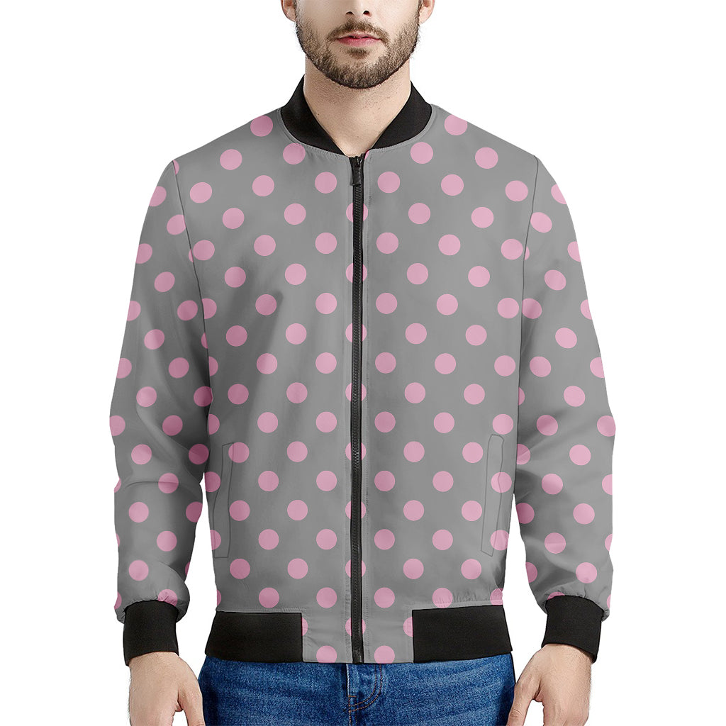 Grey And Pink Polka Dot Pattern Print Men's Bomber Jacket