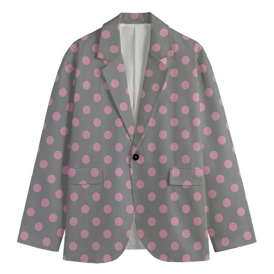 Grey And Pink Polka Dot Pattern Print Men's Cotton Blazer