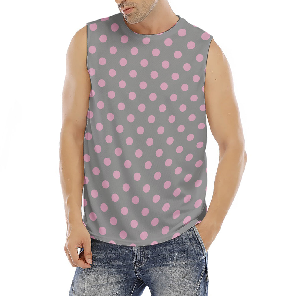 Grey And Pink Polka Dot Pattern Print Men's Fitness Tank Top