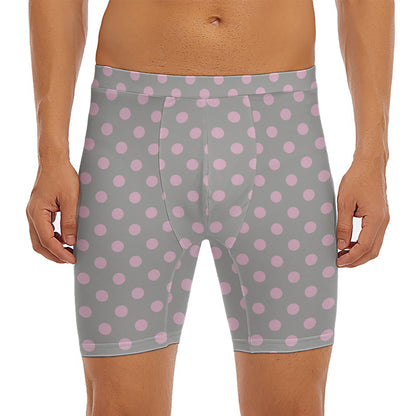 Grey And Pink Polka Dot Pattern Print Men's Long Boxer Briefs