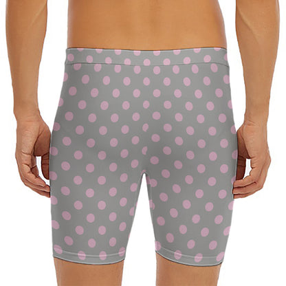 Grey And Pink Polka Dot Pattern Print Men's Long Boxer Briefs