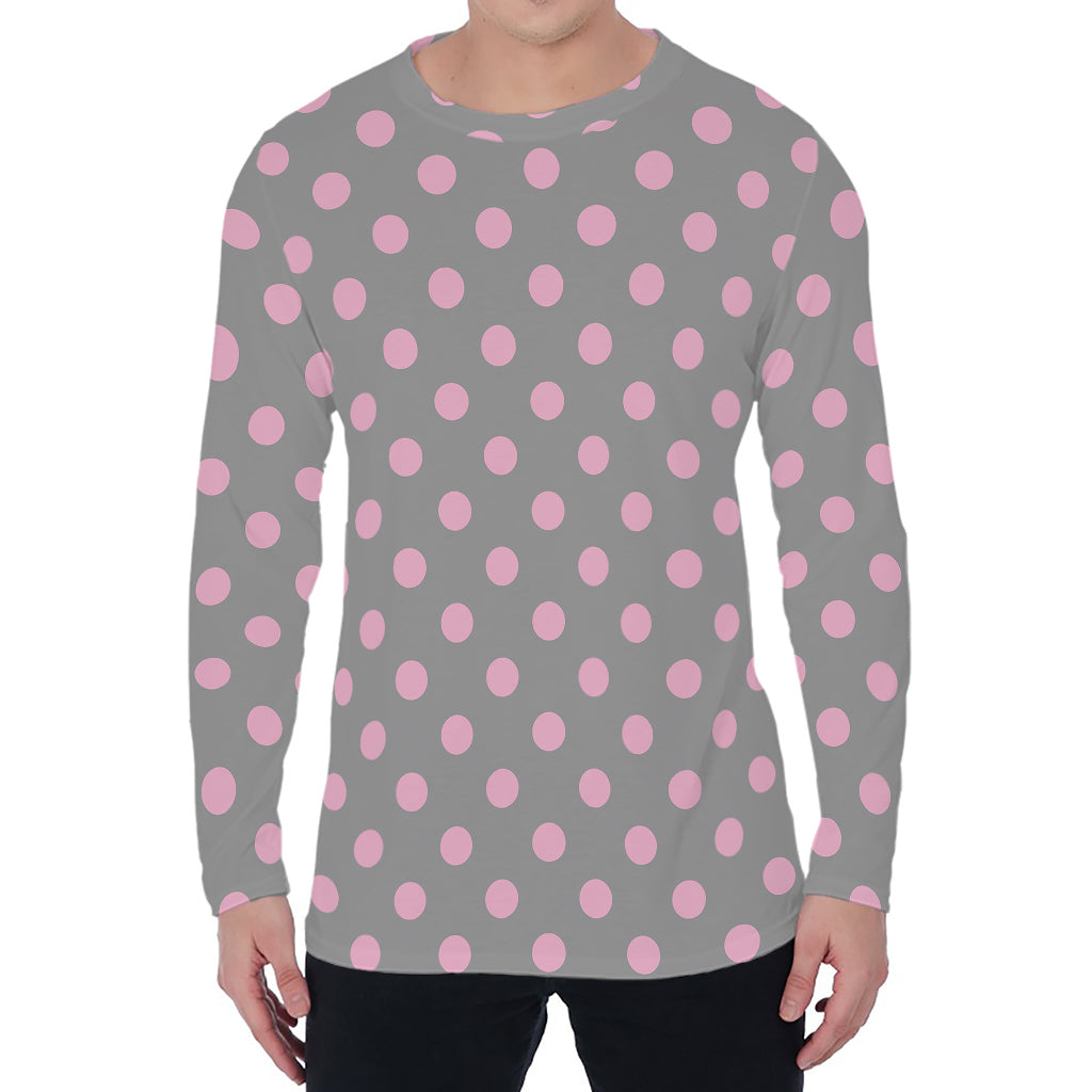 Grey And Pink Polka Dot Pattern Print Men's Long Sleeve T-Shirt