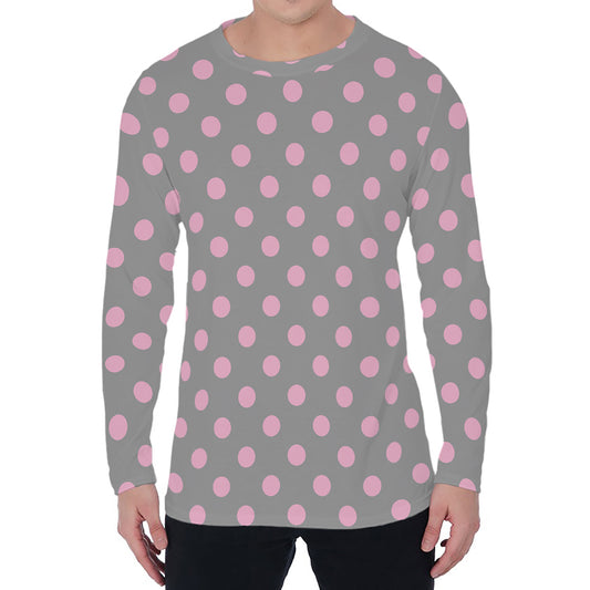 Grey And Pink Polka Dot Pattern Print Men's Long Sleeve T-Shirt