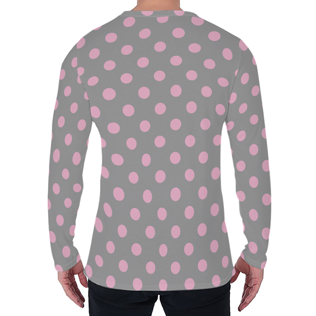 Grey And Pink Polka Dot Pattern Print Men's Long Sleeve T-Shirt