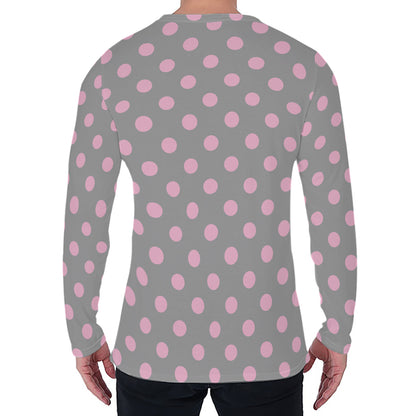 Grey And Pink Polka Dot Pattern Print Men's Long Sleeve T-Shirt