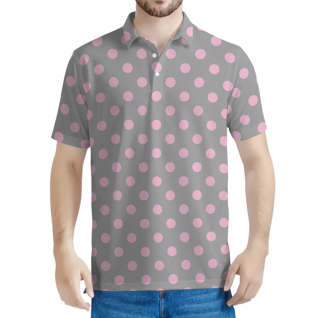 Grey And Pink Polka Dot Pattern Print Men's Polo Shirt