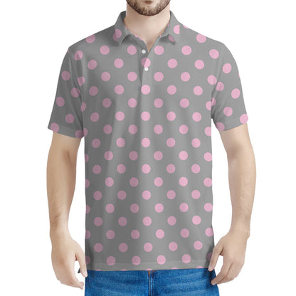Grey And Pink Polka Dot Pattern Print Men's Polo Shirt