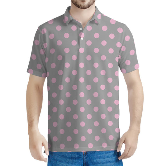 Grey And Pink Polka Dot Pattern Print Men's Polo Shirt