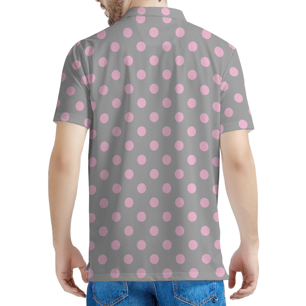 Grey And Pink Polka Dot Pattern Print Men's Polo Shirt
