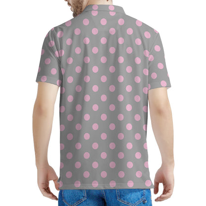 Grey And Pink Polka Dot Pattern Print Men's Polo Shirt