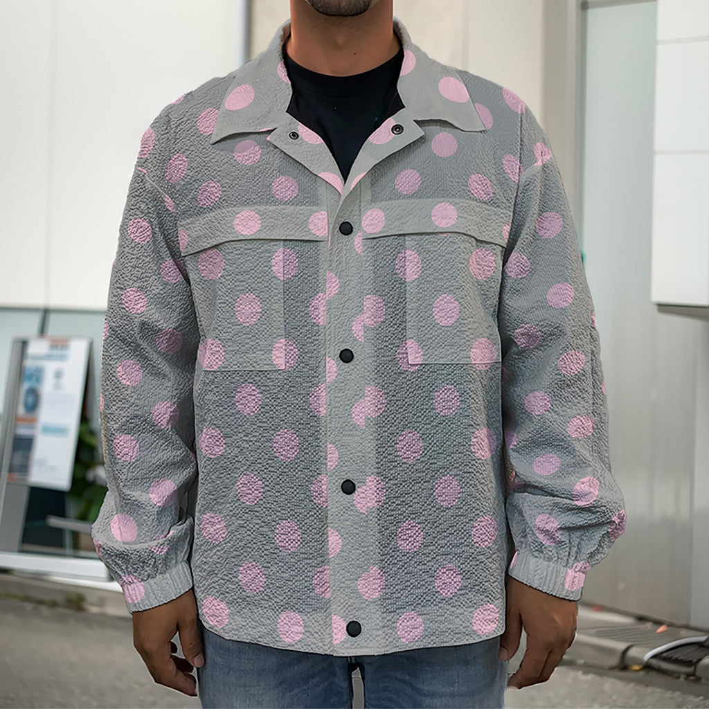 Grey And Pink Polka Dot Pattern Print Men's Shirt Jacket