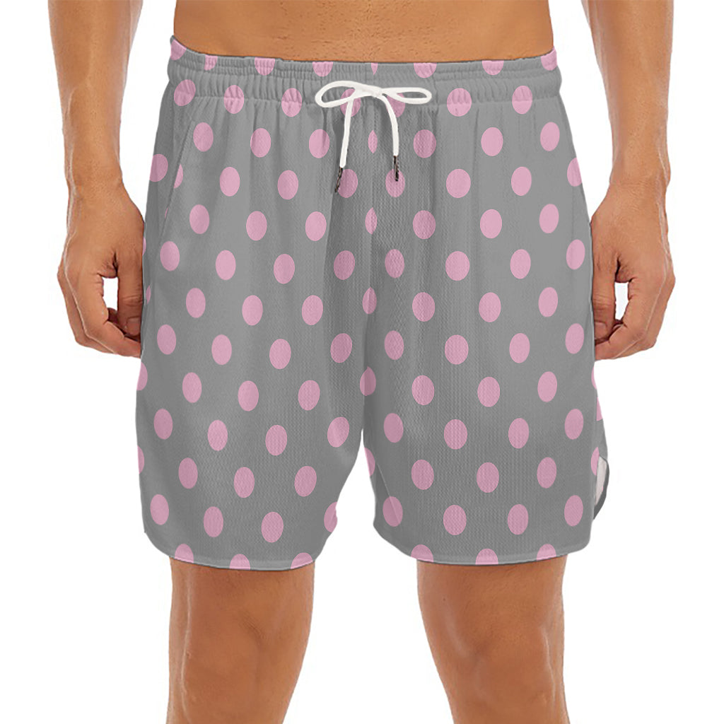 Grey And Pink Polka Dot Pattern Print Men's Split Running Shorts