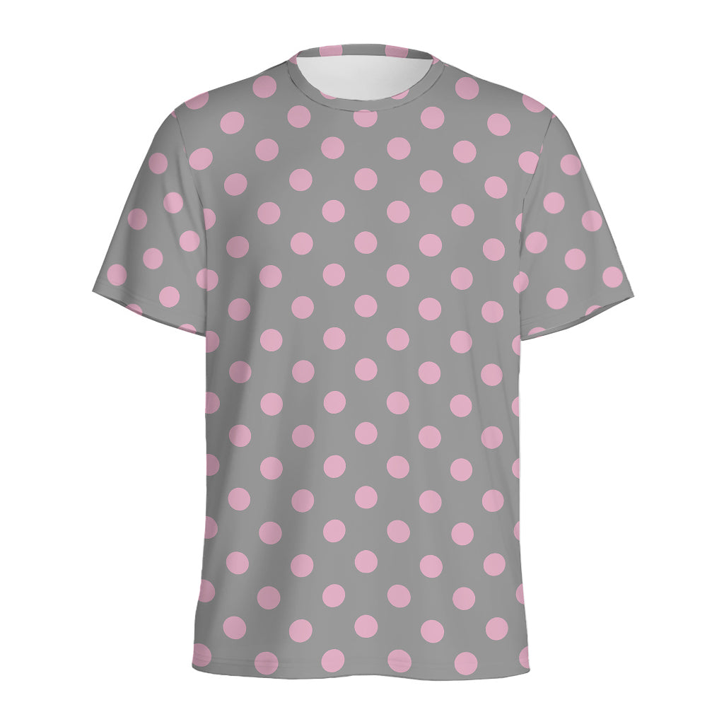 Grey And Pink Polka Dot Pattern Print Men's Sports T-Shirt