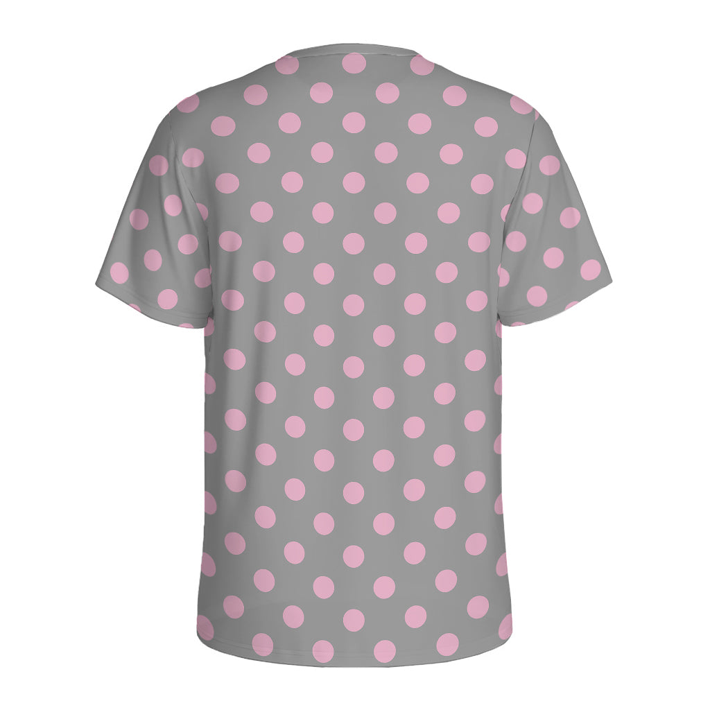 Grey And Pink Polka Dot Pattern Print Men's Sports T-Shirt