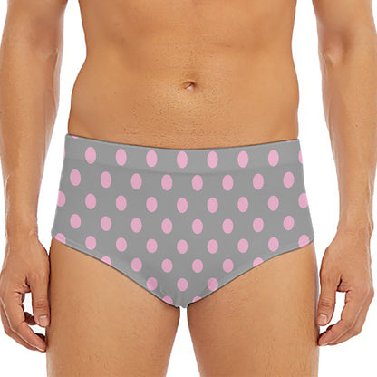 Grey And Pink Polka Dot Pattern Print Men's Triangle Swim Briefs