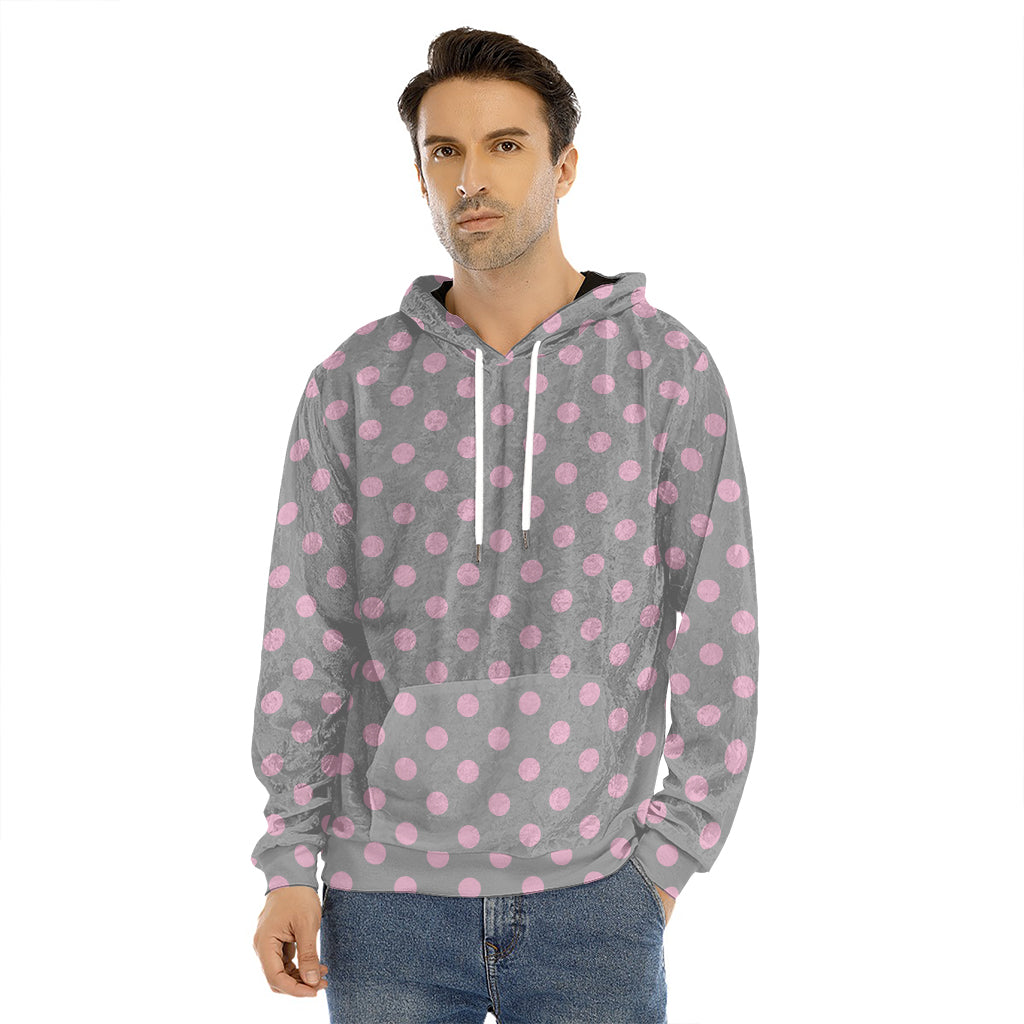 Grey And Pink Polka Dot Pattern Print Men's Velvet Pullover Hoodie
