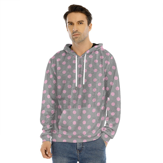 Grey And Pink Polka Dot Pattern Print Men's Velvet Pullover Hoodie