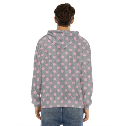 Grey And Pink Polka Dot Pattern Print Men's Velvet Pullover Hoodie
