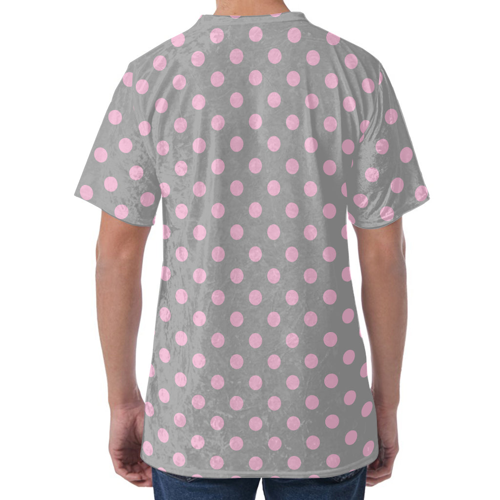 Grey And Pink Polka Dot Pattern Print Men's Velvet T-Shirt