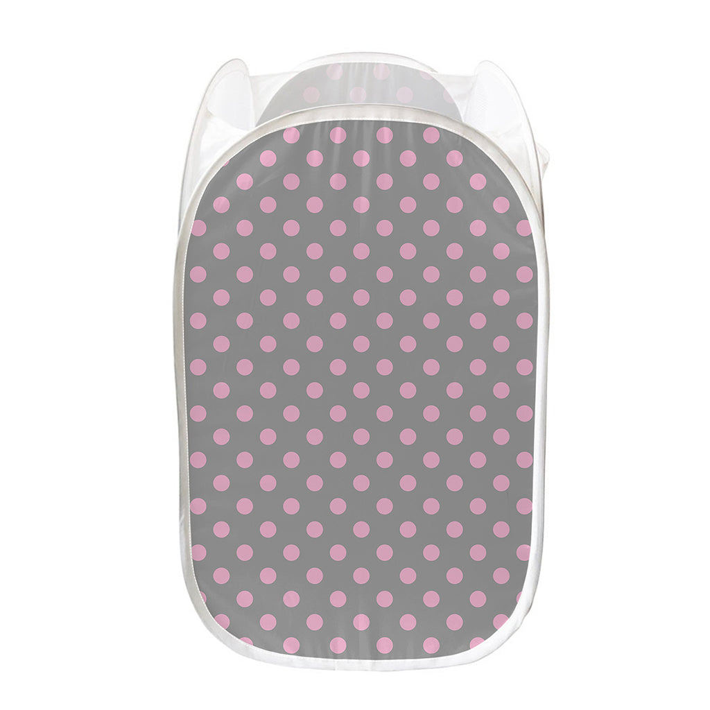 Grey And Pink Polka Dot Pattern Print Mesh Laundry Hamper