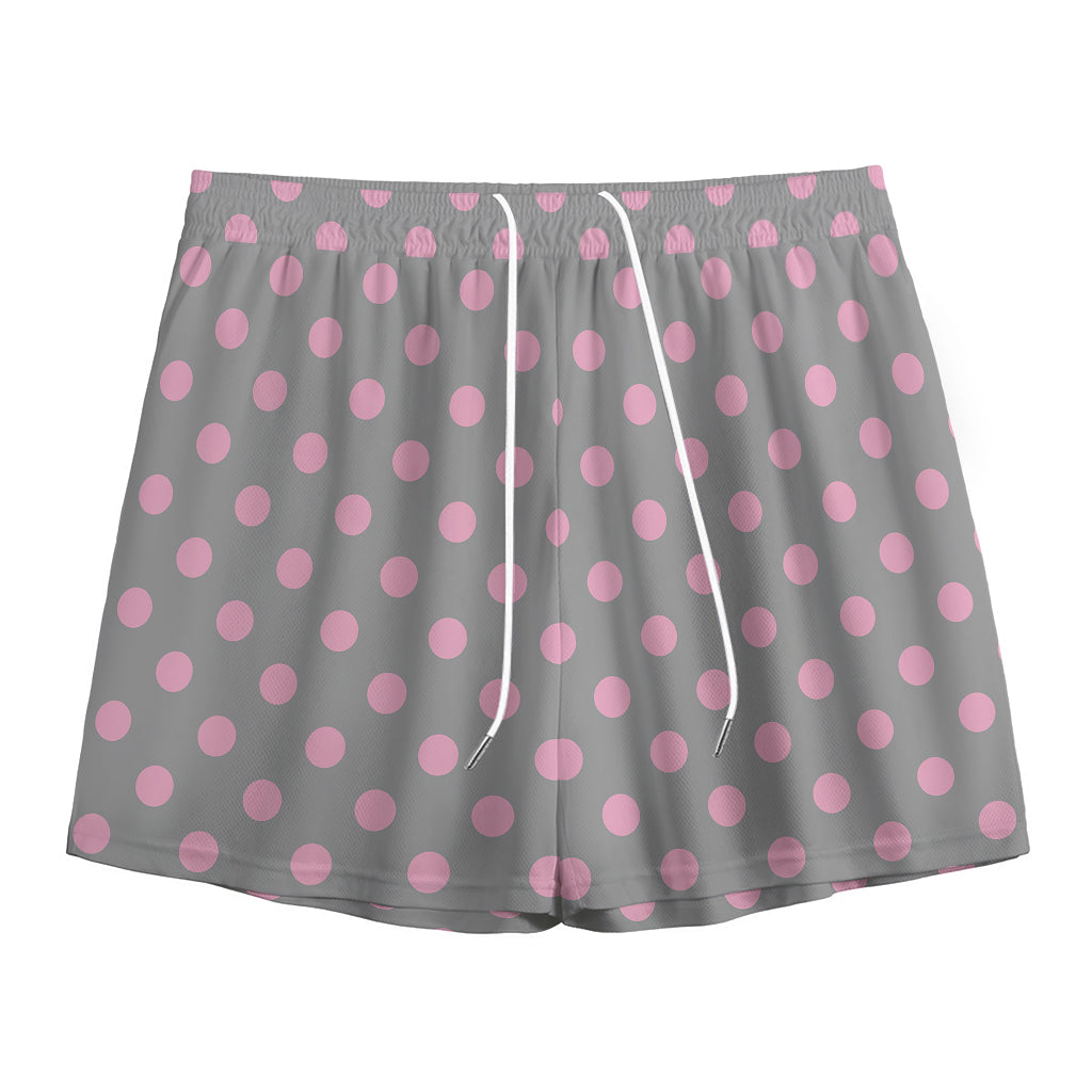 Grey And Pink Polka Dot Pattern Print Mesh Shorts