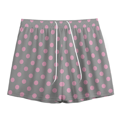 Grey And Pink Polka Dot Pattern Print Mesh Shorts