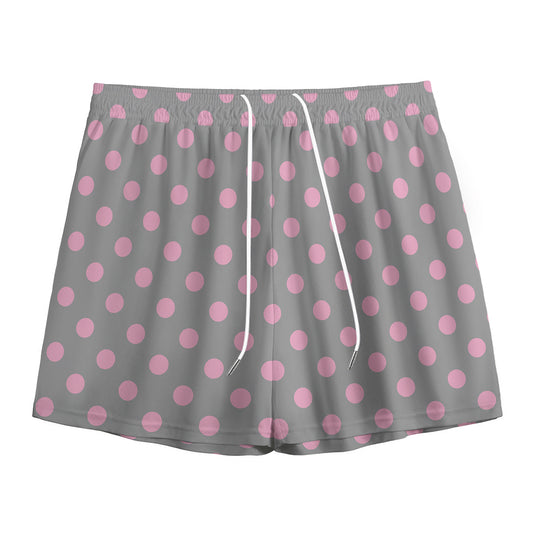 Grey And Pink Polka Dot Pattern Print Mesh Shorts