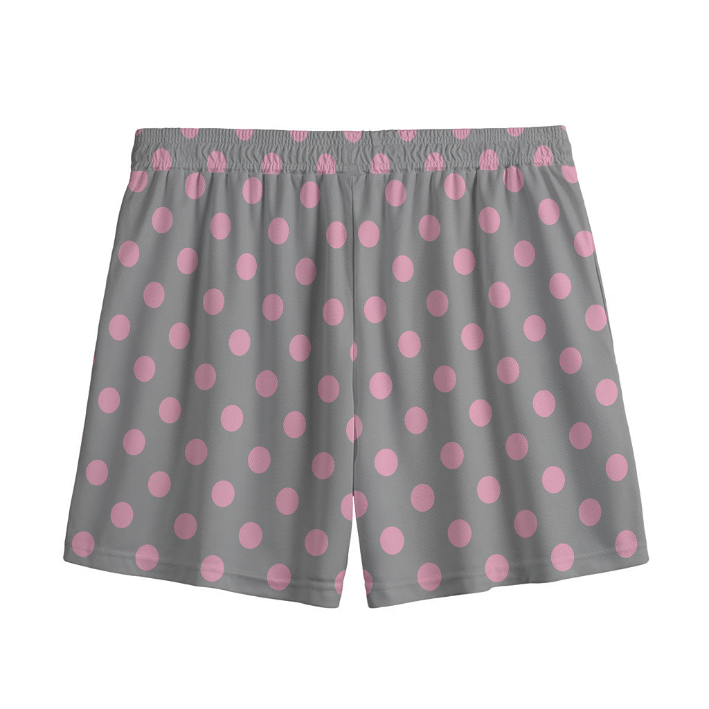 Grey And Pink Polka Dot Pattern Print Mesh Shorts