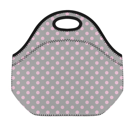 Grey And Pink Polka Dot Pattern Print Neoprene Lunch Bag
