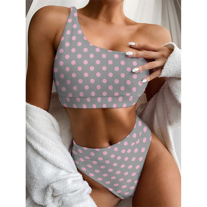 Grey And Pink Polka Dot Pattern Print One Shoulder Bikini Top