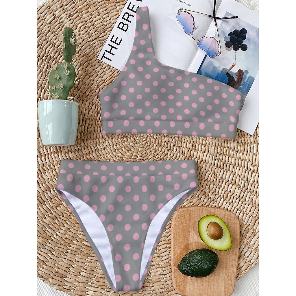 Grey And Pink Polka Dot Pattern Print One Shoulder Bikini Top