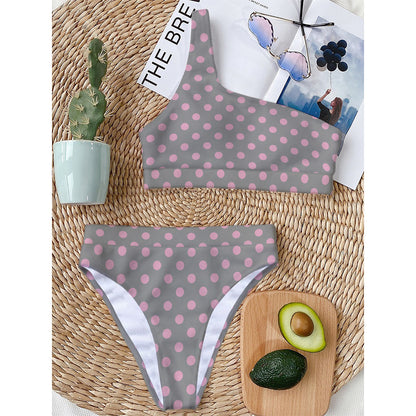 Grey And Pink Polka Dot Pattern Print One Shoulder Bikini Top