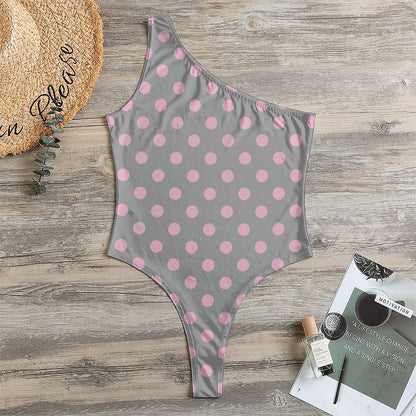 Grey And Pink Polka Dot Pattern Print One Shoulder Bodysuit