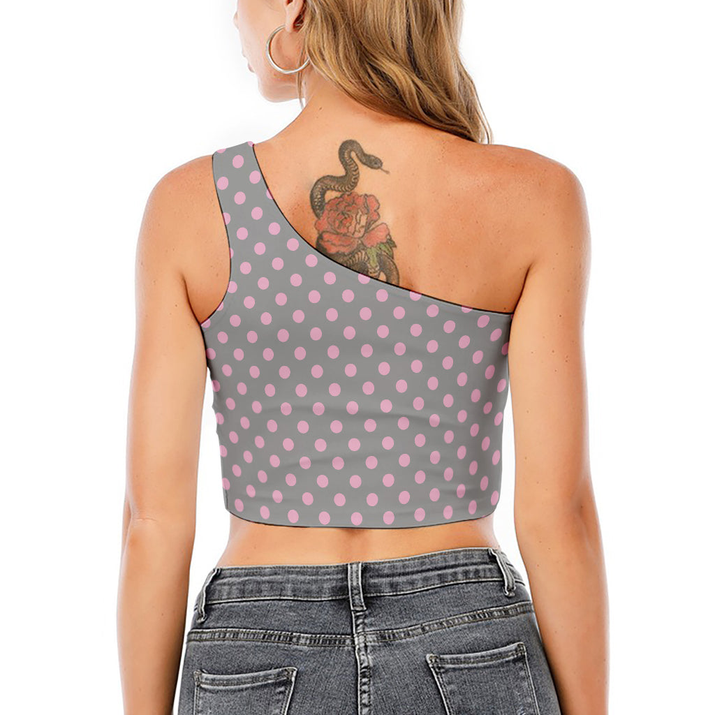 Grey And Pink Polka Dot Pattern Print One Shoulder Crop Top
