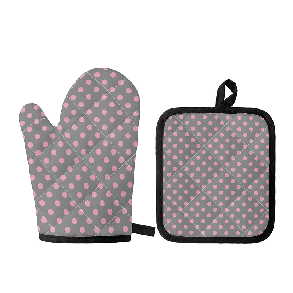 Grey And Pink Polka Dot Pattern Print Oven Mitt And Pot Holder Set