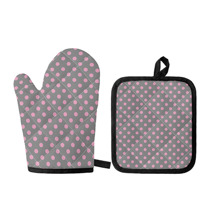 Grey And Pink Polka Dot Pattern Print Oven Mitt And Pot Holder Set