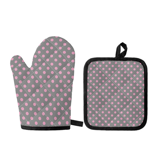 Grey And Pink Polka Dot Pattern Print Oven Mitt And Pot Holder Set