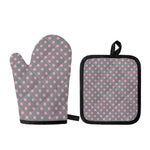 Grey And Pink Polka Dot Pattern Print Oven Mitt And Pot Holder Set