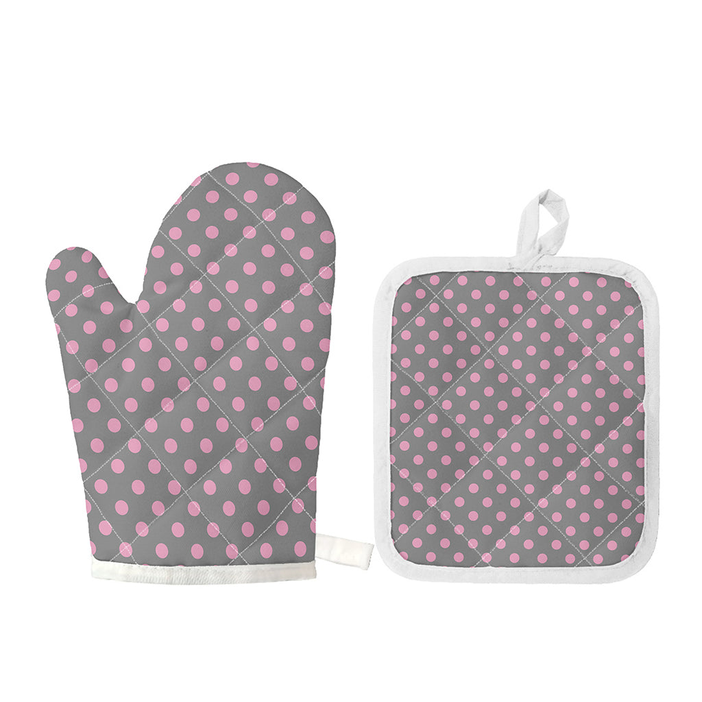 Grey And Pink Polka Dot Pattern Print Oven Mitt And Pot Holder Set