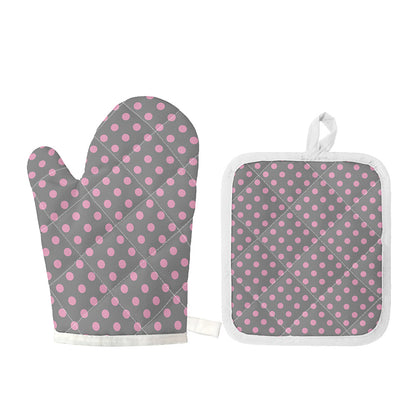 Grey And Pink Polka Dot Pattern Print Oven Mitt And Pot Holder Set