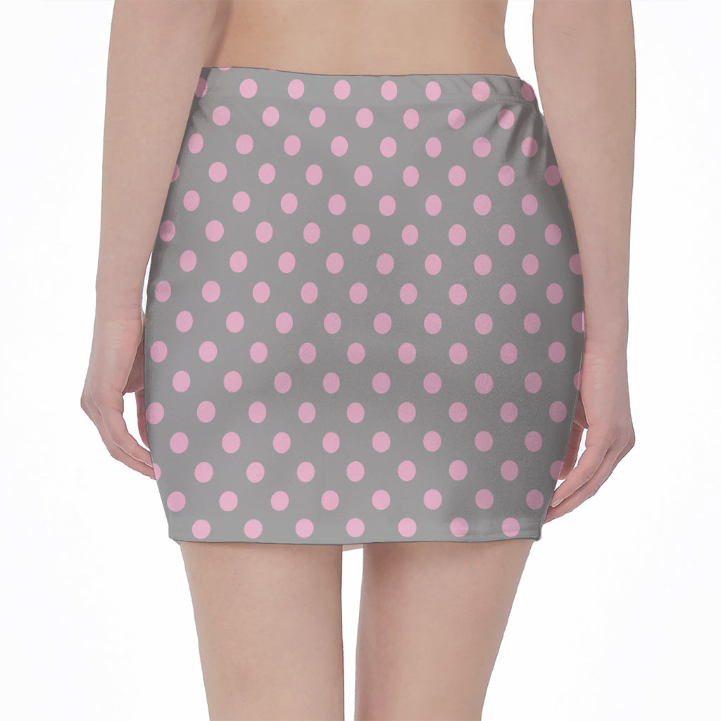 Grey And Pink Polka Dot Pattern Print Pencil Mini Skirt