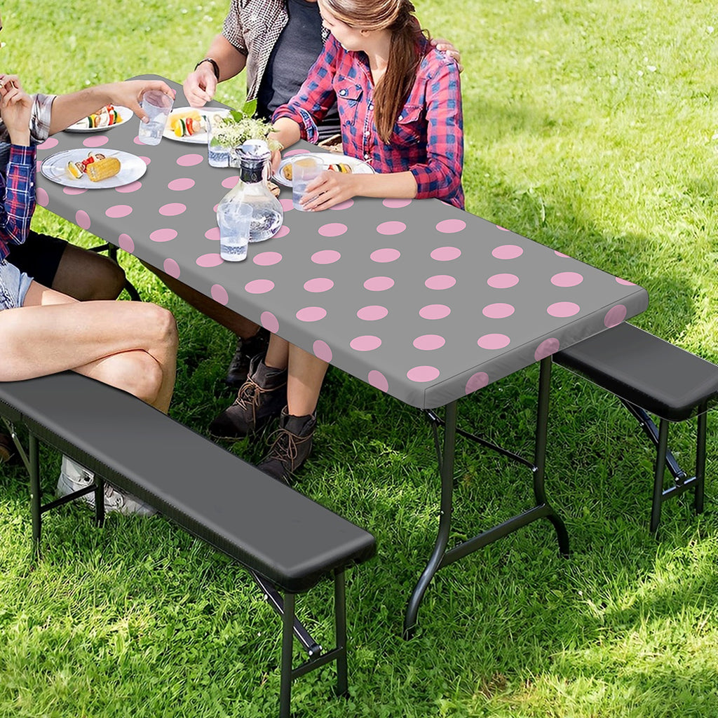 Grey And Pink Polka Dot Pattern Print Picnic Table Cover