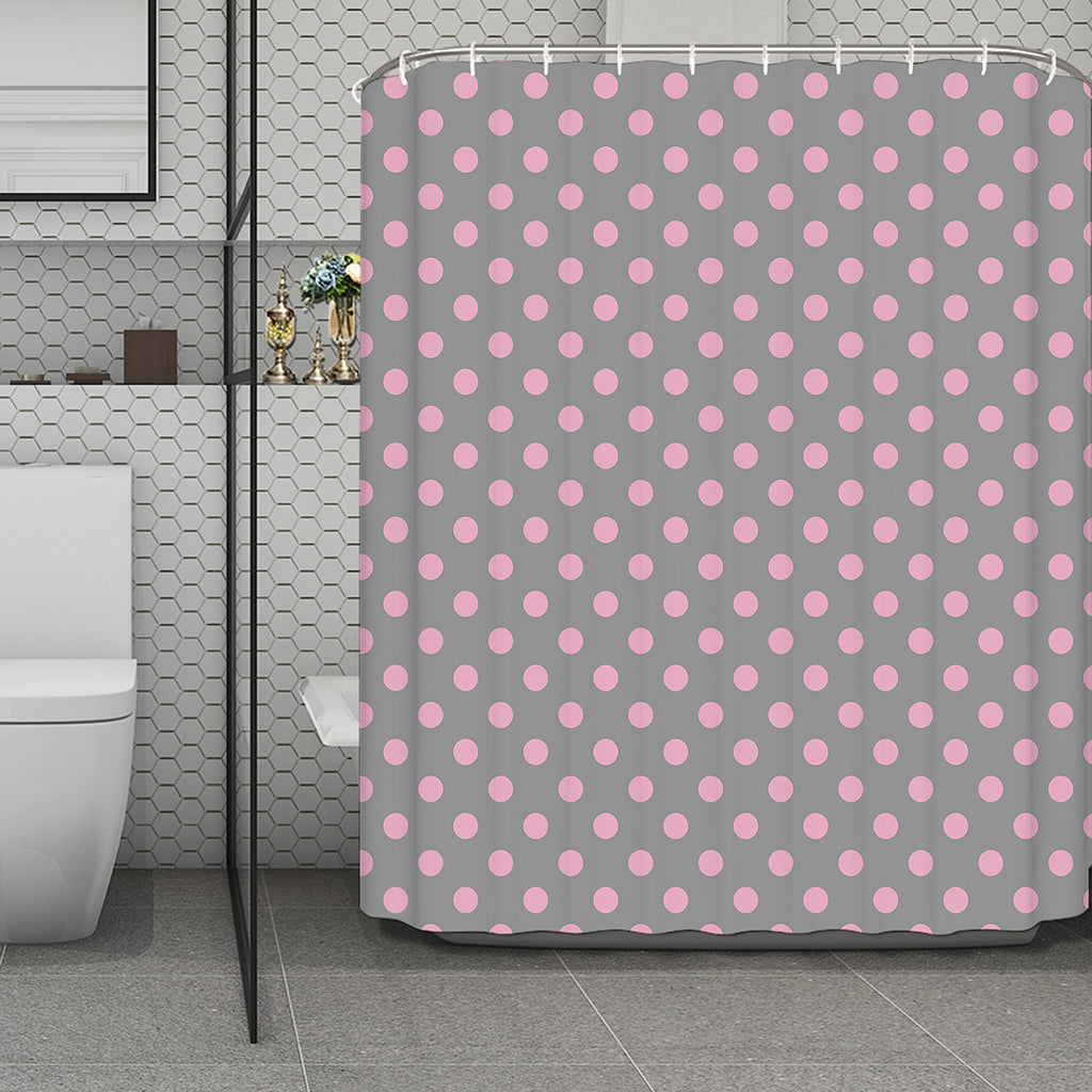Grey And Pink Polka Dot Pattern Print Polyester Shower Curtain