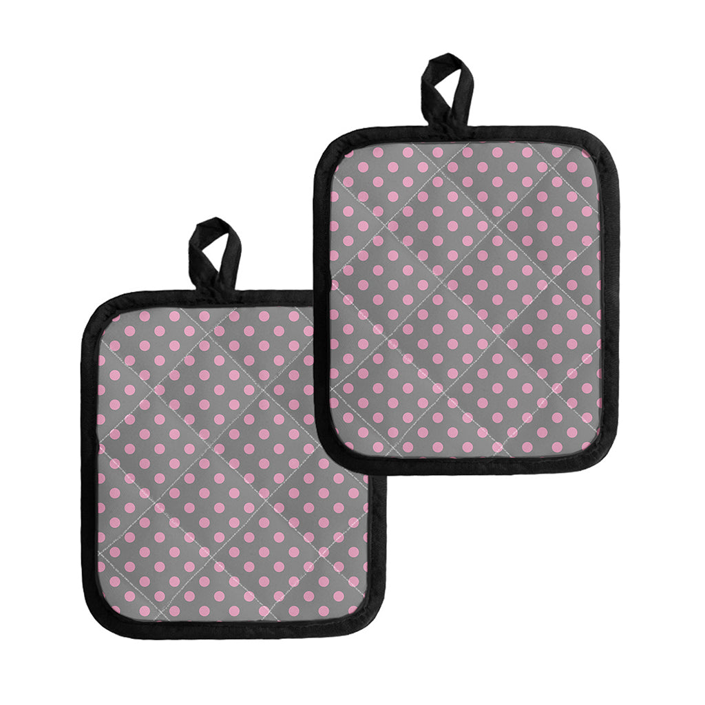 Grey And Pink Polka Dot Pattern Print Pot Holders
