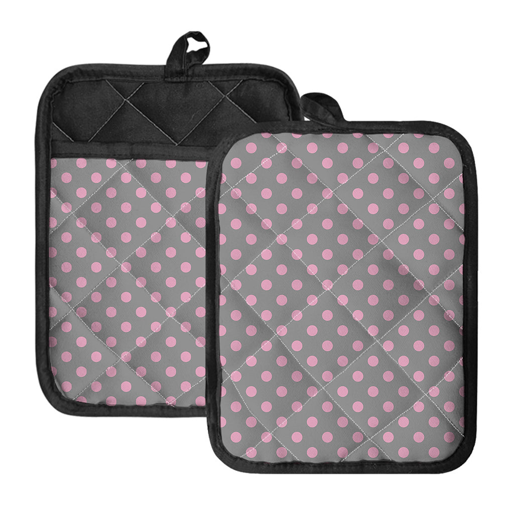 Grey And Pink Polka Dot Pattern Print Pot Holders With Pocket