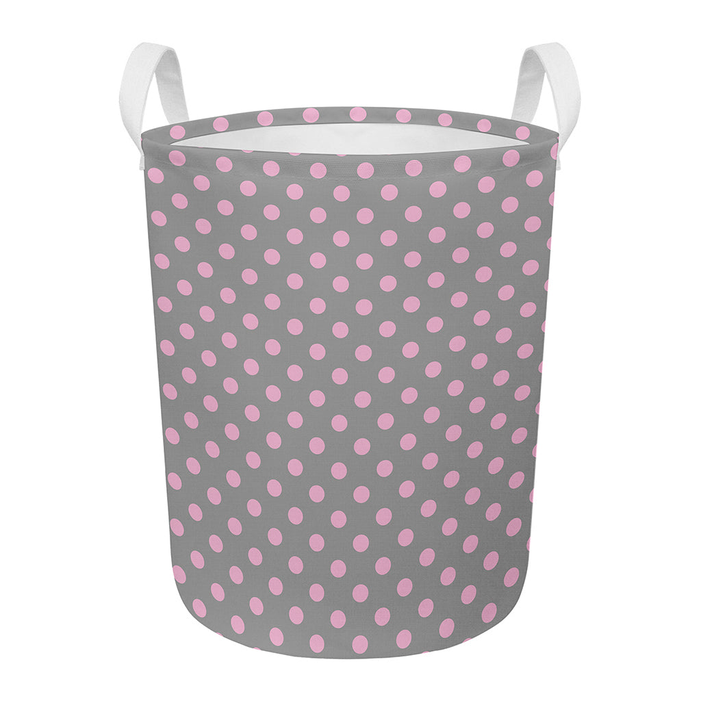 Grey And Pink Polka Dot Pattern Print Round Laundry Basket