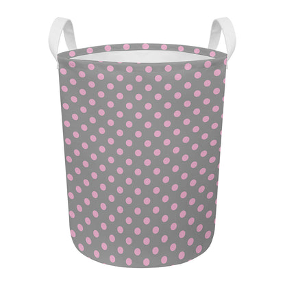 Grey And Pink Polka Dot Pattern Print Round Laundry Basket