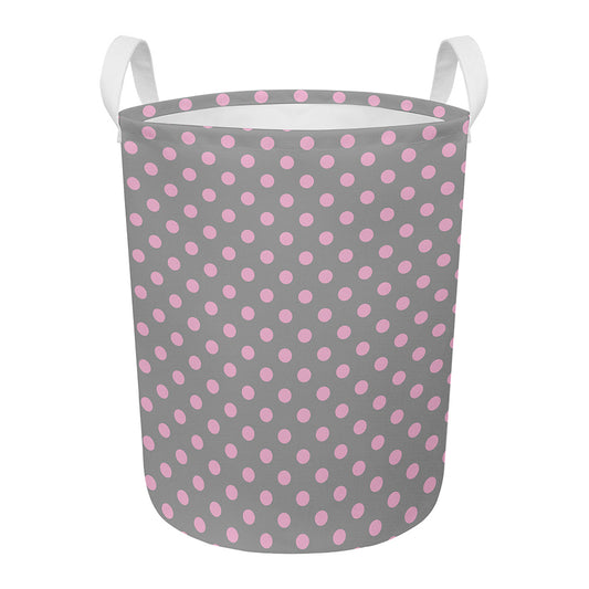 Grey And Pink Polka Dot Pattern Print Round Laundry Basket